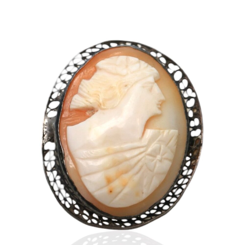 Vintage 1950s Sterling Silver Shell Cameo Brooch Hand Carved Portrait